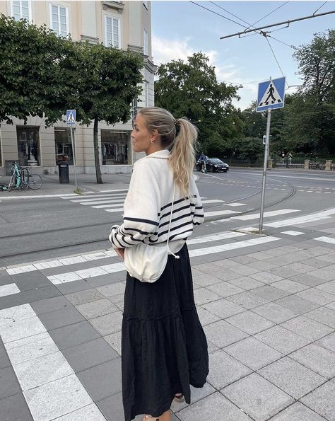 The Striped Sweater: 9 Ways To Style The Classic Sweater Striped Sweater Outfits, Style A Maxi Skirt, Midi Satin Skirt, Sweater Outfit Ideas, Striped Sweater Outfit, Winter Sweater Outfits, White Wide Leg Pants, Form Fitting Tops, Sweater Outfit