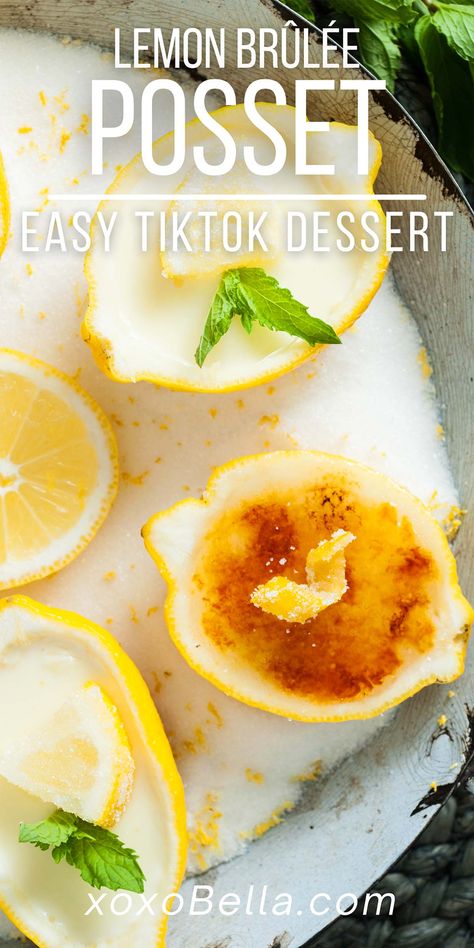 Lemon Cream Brulee, Lemon Cream Brulee Recipe, Posette Lemon, Lemon Dessert In Lemon, Lemon Possets Brulee, Lemon Custard In Lemon Shell, Lemon Posset Recipe Simple, Lemon Crème Brûlée, Lemon Posset Brulee