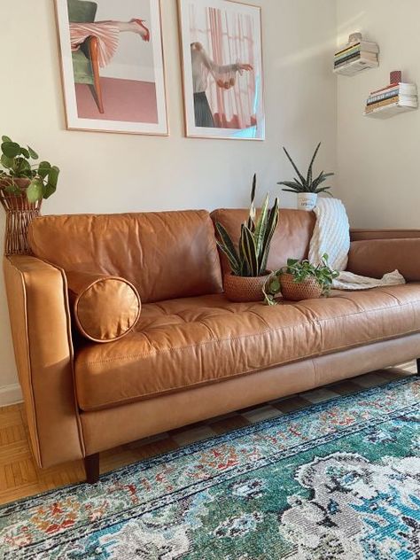 Article Sven Leather Sofa, Sven Couch, Article Sven Sofa, Tan Leather Couch Living Room, Tan Sofa Living Room, Article Couch, Small Space Look Bigger, Midcentury Modern Aesthetic, Leather Sofa Decor