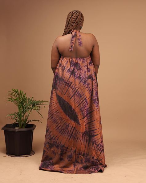 Maxi dress made with Adire silk Alter Neck Dress, Halter Neck Maxi Dress, African Print Dresses, Print Dresses, African Print, Halter Neck, Tie Dye Skirt, Open Back, Print Dress