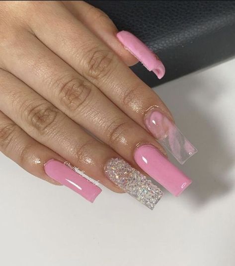 Pink Bday Nails Medium, Birthday Nail Set Ideas Medium Pink, Bday Nail Ideas, Medium Coffin Nail Designs, Birthday Nail Set Ideas Medium, Pink Nail Sets Medium, Medium Pink Acrylic Nails, Medium Nails Acrylic Square, Pink Medium Nails