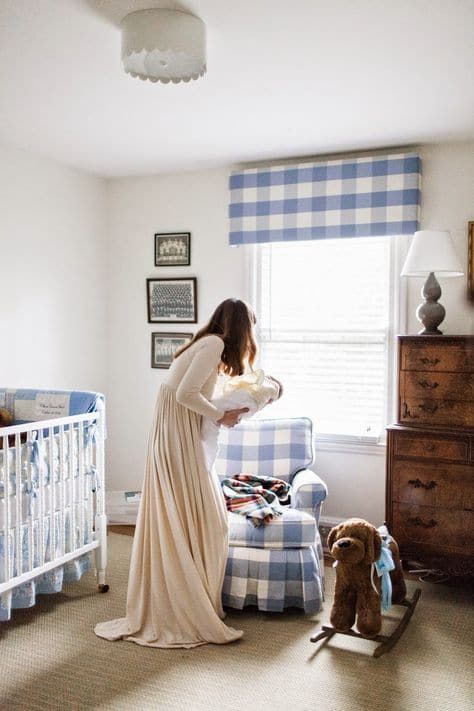 An Aubade to Parenting. Plaid Nursery Chair, Blue And White Gingham Nursery, Gingham Curtains Nursery, Blue Gingham Nursery, Classic Boy Nursery, Buffalo Check Nursery, Gingham Nursery, Postpartum Dress, Nursery Valance