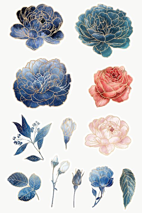 Blue Flower Png, Peonies Red, Paper Flower Decorations, Flower Decoration Ideas, Flowers Creative, Leaf Outline, Blue Peonies, Flower Outline, Scrapbook Stickers Printable