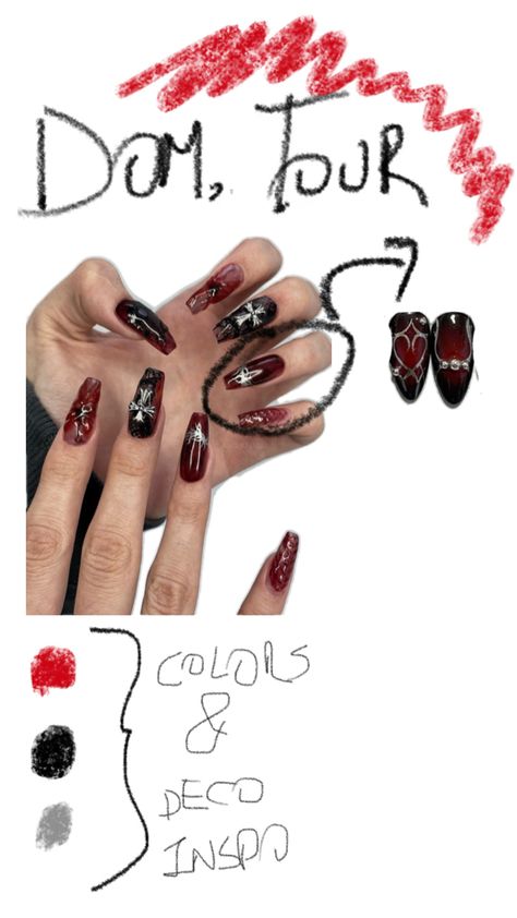 Dominate tour, these nail designs incorporate the group’s aesthetic with bold red and black tones, spiderweb motifs, and metallic accents. The deep colors and intricate details reflect their edgy and powerful vibe, perfect for fans who want to carry a piece of the concert with them.    **Hashtags:**   #StrayKids #DominateTour #StayInspiredNails #BangChanNails #HyunjinAesthetic #ChangbinVibes #FelixInspired #SKZFans #KpopNailArt #SKZDominate Stray Kids Nails, K Pop Nails, Kids Nails, Concert Nails, Stray Kids Outfits, Kids Nail Designs, Nail Art For Kids, Kpop Concert Outfit, S Aesthetic