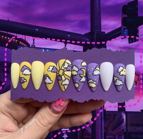 Novelty Nail Designs, Night And Day Nails, Moon And Sun Nail Designs, Day And Night Nails, Fun Nail Designs Creative Latest Fashion, Purple Yellow Nails, Kirby Nail Art, Almond Nails Purple, Stiletto Almond Nails