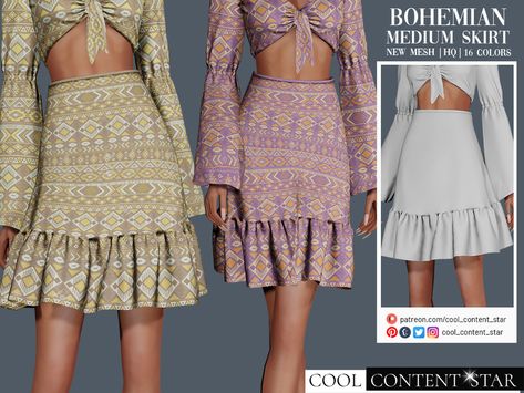 The Sims Resource - Bohemian Medium Skirt (patreon) Sims 4 Cc Boho Clothes Patreon, Sims 4 Cc Bohemian Clothes, Sims 4 Summer Cc Clothes, Long Flare Skirt, Colorful Romper, Boho Dress Short, Quilted Skirt, Long Sleeve Sequin Dress, Hippie Tops