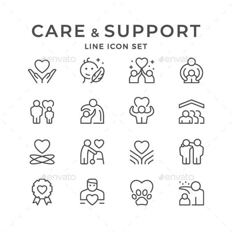 Set Line Icons of Care and Support by moto-rama | GraphicRiver Social Work Symbol, Helping Others Drawing, Hug Icon, Friendship Icon, Support Symbol, Support Illustration, Family Icon, Support Icon, Hand Heart