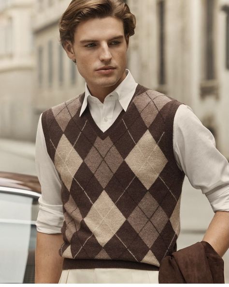 Argyle Sweater Outfit, Sweater Outfit Men, Purple Sweater Outfit, Dark And Light Academia Aesthetic, Professor Style, Mens Aesthetic, Sweater Outfits Men, Argyle Vest, Stylish Shirts Men