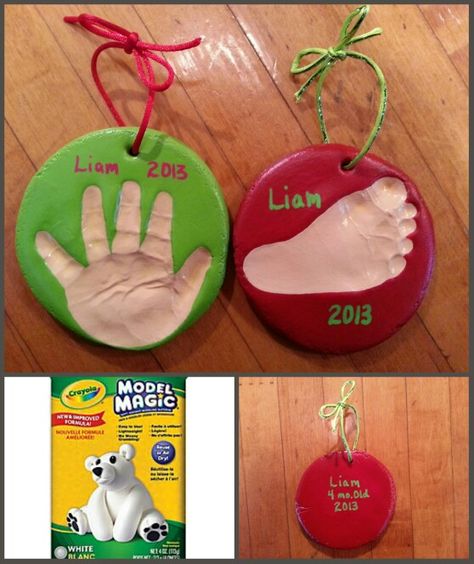 Babys 1st Christmas homemade footprint handprint modeling dough ornament.  Use Crayola Model Magic!  It's totally mess-free, paintable and air-dry!  No baking needed! Christmas Clay Handprint Crafts, Crayola Air Dry Clay Ornaments, Model Magic Ornaments, Model Magic Handprint Ornaments, Baby Footprint Clay Christmas, Toddler Christmas Ornaments Diy Hand Prints, Crayola Air Dry Clay Handprint, Footprint Ornament Baby Salt Dough, Crayola Air Dry Clay