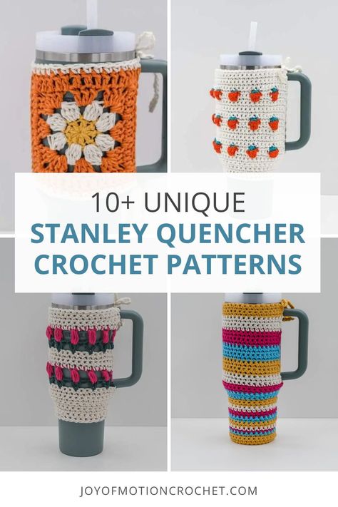 Stanley Quencher crochet patterns are a fun way to add personality and style to your tumbler. Discover crochet cozy patterns, crochet tumbler covers, and crochet tumbler boots that match your style - from crochet strawberries, lace, crochet tulips and stripes! Get started crocheting the Stanley Quencher crochet patterns. Crochet Tumbler Bag Free Pattern, Crochet Stanley Cup Accessories, Crochet Stanley Cup Holder, Crochet Tumbler Holder, Crochet Tumbler, Crochet Strawberries, Cup Cozy Crochet Pattern, Mug Cozy Pattern, Cup Cozy Pattern