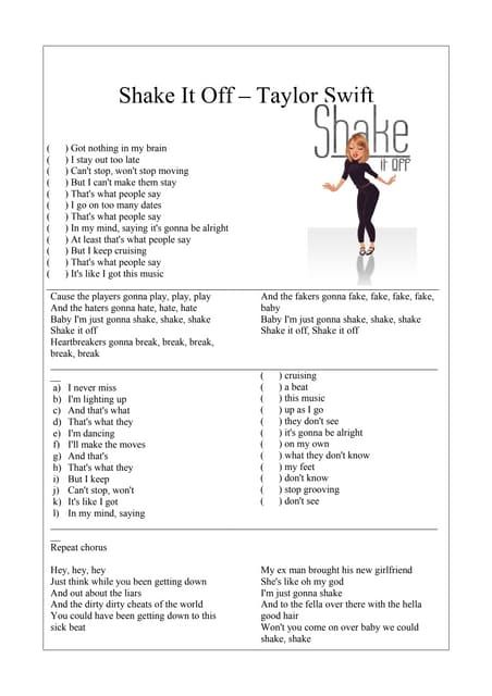 Song Worksheet, Gonna Be Alright, Haters Gonna Hate, Busy Teacher, New Girlfriend, Shake It, Shake It Off, Chorus, Printable Worksheets