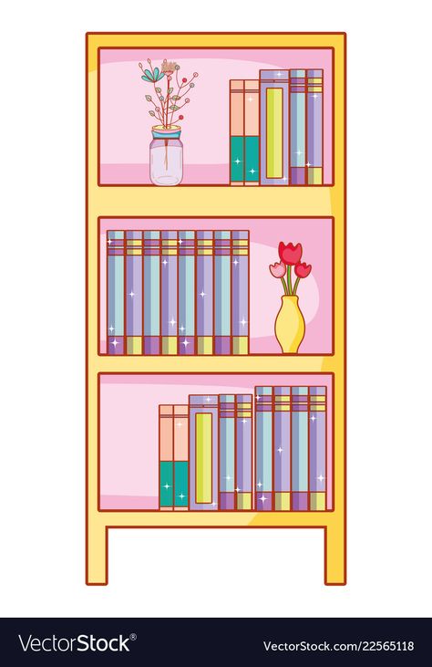 Cartoon Bookshelf, Bookshelf With Books, Bookshelves With Books, Home Bookshelf, Books And Flowers, Flowers Cartoon, Home Bookshelves, Anime Paper, Paper Dolls Diy