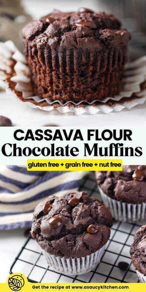 You'll be bitting in one of these Double Chocolate Cassava Muffins in no time! This recipe is super simple and easy to make. The end result is a rich, moist, chocolate studded party in your mouth! | Gluten Free + Grain Free + Nut Free Cassava Flour Banana Muffins, Cassava Brownies, Cassava Muffins, Cassava Flour Muffins, Aip Muffins, Gluten Free Dairy Free Recipes Dinner, Gf Muffins, Cassava Flour Recipes, Gf Cooking