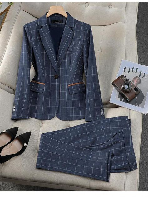 Business Suit For Women, Dark Blue Plaid, Pant Suits For Women, Elegant Blazers, Womens Suits, Womens Suits Business, Suit For Women, High Waist Wide Leg Pants, Pantsuits For Women