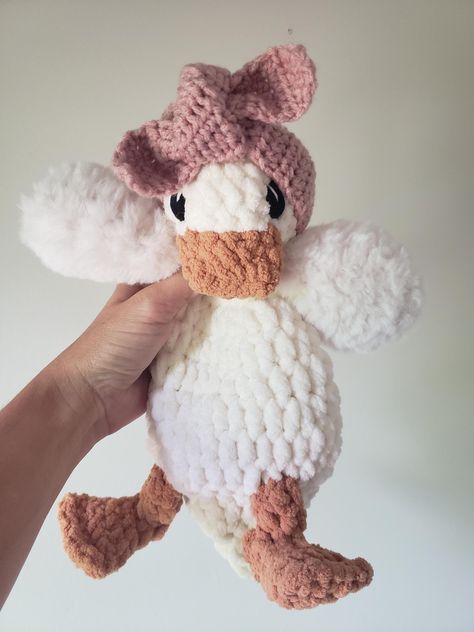 Crocheted Duck, Duck Snuggler, Duck Lovey, Della Duck, Crochet Presents, Duck Crochet, Crocheted Cow Pattern, Diy Knit Blanket, Crochet Duck