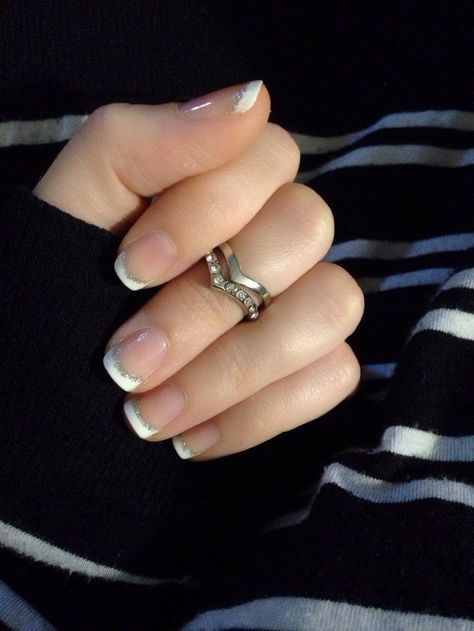 French Tip Silver Nails, French Tip Nails With Silver, Silver French Tips, Silver French Manicure, Holiday Nails Glitter, Holiday Nail Colors, 21 Bday, Holiday Nails Winter, Glitter French Tips