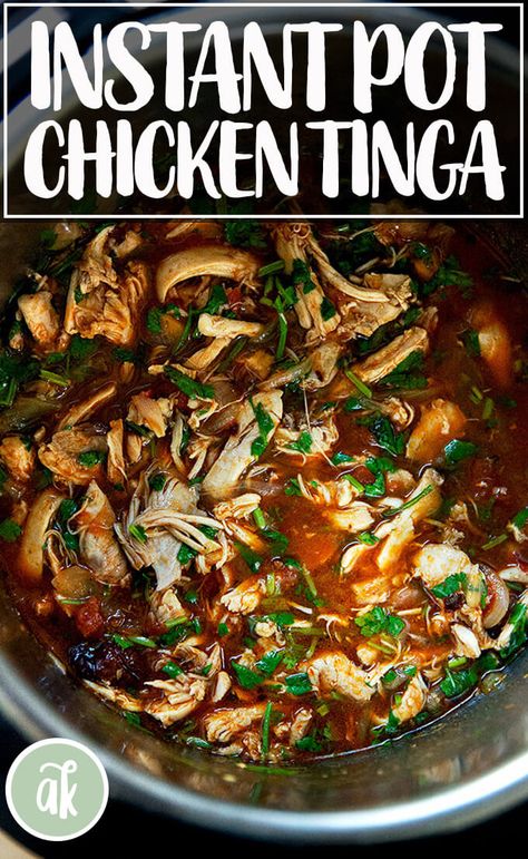 Here I've simplified my favorite chicken tinga recipe by using my Instant Pot, which not only turns the dish into a one-pot wonder but also allows it all to come together in just about 30 minutes. Use tinga as a taco, burrito, enchilada, or tostada filling. So easy, so delicious! #tinga #instantpot #simple Easy Chicken Tinga Recipe, Instant Pot Chicken Tinga, Alexandra Cooks, Alexandra Stafford, Bean And Cheese Enchiladas, Apartment Cooking, Tinga Recipe, Latino Recipes, Chicken Tinga Recipe