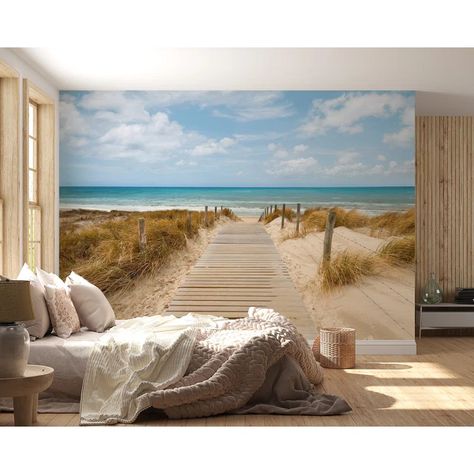 Rosecliff Heights Exton Holiday Landscape Wall Mural | Wayfair Simple Beach Wall Mural, Ocean Wall Painting, Boho Beach Bedroom, Beach Wall Murals, Beach Mural, Walk On The Beach, Beach Home Decor, Beach Bedroom, Removable Wall Decals