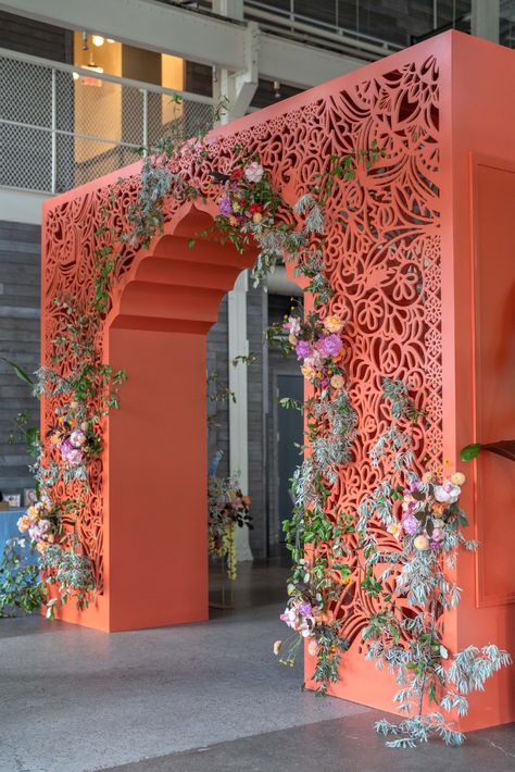 Showroom Decoration Ideas, Ramadan Installation, Gate Event Design, Event Decor Business, Wedding Installation, Arch Installation, Orange Wedding Ideas, Coral Color Palette, Event Entrance Arch