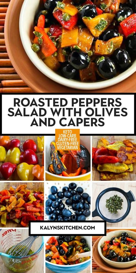 Pinterest image for Roasted Peppers Salad with Olives and Capers in a white bowl on an orange plate on a placemat, also showing procedure images. Tapas Salad, Peppers Salad, Salad With Olives, Grilled Bell Peppers, Summer Side Dish, Best Salad Recipes, Summer Side Dishes, Roasted Red Pepper, Roasted Peppers