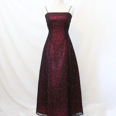 Black And Red Vintage Dress, Red Dress With Black Mesh Overlay Prom, Dark Red 90s Dress, Dark Red Floral Dress, Vintage Prom Dresses 90s Red, Vintage Prom Dresses 90s Goth, Prom Dresses 1990, 90s Whimsigoth Dress, Red 90s Prom Dress