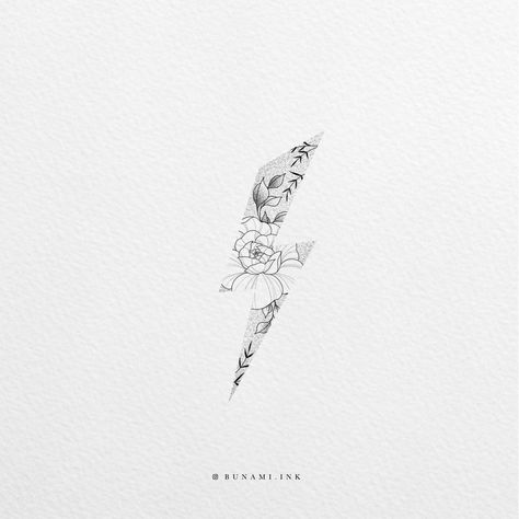 Lightning Flower Tattoo, Floral Plane Tattoo, Floral Lightning Bolt Tattoo, Fine Line Lightning Tattoo, Small Tattoos Minimalist, Thunderbolt Tattoo, Southern Tattoos, Bunami Ink, Blitz Tattoo