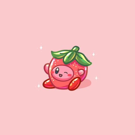 Kirby Food Wallpaper, Kirby With Strawberry, Kirby Holding A Heart, Kirby Food Art, Kawaii Strawberry Art, Kirby Strawberry, Strawberry Pfp, Kirby Pokemon, Kawaii Kirby