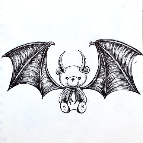 Cute kawaii teddy bear with horns and demon bat wings black and white ink drawing tattoo design original art pen sketch drawing Teddy Bear Drawing, Two Heads, Bear Drawing, Bear Tattoo, Tattoo Portfolio, Leg Tattoos, Car Design, Tattoos And Piercings, I Tattoo