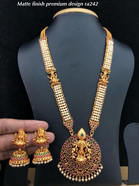 South Indian Jewellery Available at Ankh Jewels For booking WhatsApp on +91 9619291911.... Muthu Malai Designs Gold, Tamil Weddings, Long Neckless, Hindu Jewelry, Pearl Locket, Temple Necklace, Small Earrings Gold, Pearl Chains, Ruby Bangles