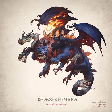 "Chaos Chimera" by Justin Gerard Justin Gerard, Dnd Monsters, Fantasy Beasts, Monster Concept Art, Dungeons And Dragons Homebrew, Fantasy Monster, Fantasy Creatures Art, Monster Design, Creature Concept Art