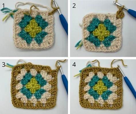 How To Change Color In Granny Square, Granny Square Changing Colors, Shirt Weaving, Make A Granny Square, Basic Granny Square, Crochet Throws, Crochet Workshop, Crocheted Afghans, Crochet 101