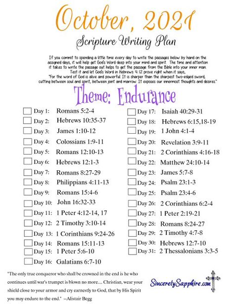 October 2021 Scripture Writing Plan-Endurance October Scripture Writing Plan 2024, Scripture Writing Plans 2023, September Scripture Writing Plan, October Scripture Writing Plan, October Scripture, Journaling Materials, Spiritual Writing, Gods Wisdom, God Winks