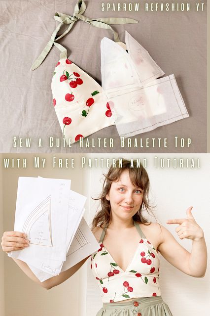 Learn to sew a bralette top with my free PDF pattern, available in all sizes! This easy-to-follow tutorial includes step-by-step instructions and Sewing Bralette, Crochet Patterns Clothes, Crop Top Pattern Free, Bralette Sewing Pattern, Unique Sewing Patterns, Free Printable Sewing Patterns, Halter Top Pattern, Basic Dress Pattern, Women Sewing