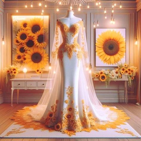 Wedding Dress Sunflower, Sunflower Dresses Wedding, Sunflower Wedding Dress The Bride, Sunflower Wedding Dress, Sunflower Dresses, Sunflower Wedding Decorations, Baju Kahwin, Quinceanera Themes Dresses, Yellow Wedding Dress