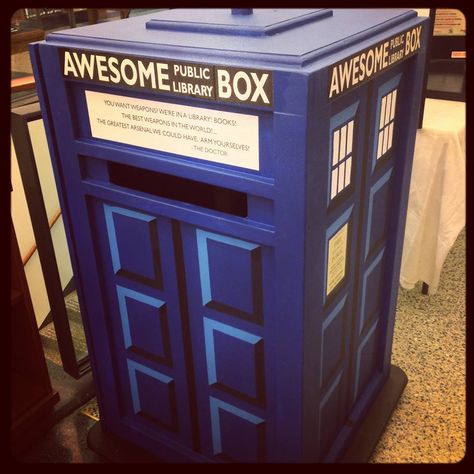 Awesome Box done in TARDIS style | Brookline Public Library Passive Programming, Harvard Library, Passive Programs, Library Home, Library Website, Library Bulletin Boards, Innovation Lab, Cool Box, Eagle Scout