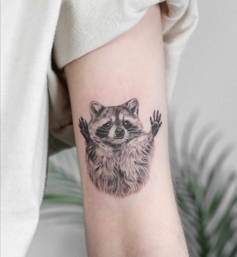 Mini Raccoon Tattoo, Tattoo Ideas Raccoon, Raccoon And Possum Tattoo, Racoon Tattoo Simple, Trash Panda Tattoo, Raccoon Tattoo Funny, Raccoon Tattoo Design, Tattoo Ideas Arm Sleeve, Cute Raccoon Tattoo