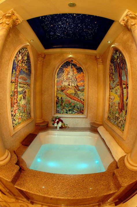 Disney World Cinderella Castle hotel suite room pictures jacuzzi tub Cinderella Suite, Disney Bucket List, Disney Cinderella Castle, Disney Tourist Blog, Disney World Hotels, All Things, Famous Castles, Mosaic Bathroom, Walt Disney World Vacations