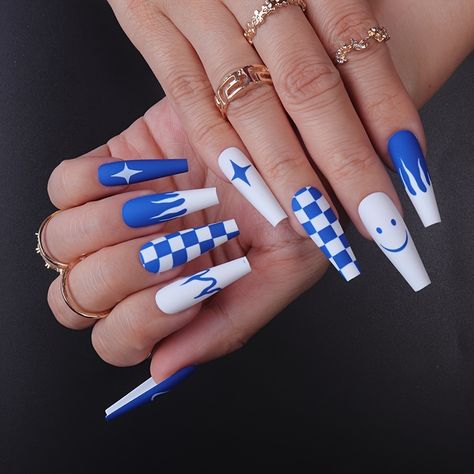 Blue Smiley Face, Nail Long, Nail Art Set, Coffin Press On Nails, Nail Beauty, Acrylic Nails Coffin, Beauty Nail, Klein Blue, Cute Nail Designs