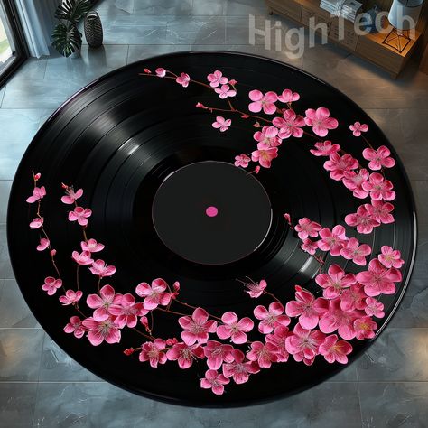 Record Rug, Music Disc Rug, Cherry Blossom Record Rug, Floral Record Rug, Vinyl Record Rug, Record Round Rug, Music Area Rug, Music Room Rug HT-1367 Dear customer; Rugs come in different types, featuring different colors and patterns, each uniquely gorgeous and one of a kind. They will suit any interior design style and will add personality and style to spaces of all kinds.  Decorative Digital Printed rugs give a soft, soothing feeling on the Cotton Woven Base Our rugs are non-slip sole, cotton Cool Rugs Round, What To Do With Records Vinyls, Music Disc, Music Art Ideas, Be Unique, Music Decorations, Round Painting Ideas, Record Art Ideas, Vinyl Record Art Aesthetic