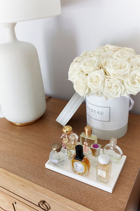 My LA Home Tour: Bedroom - With Love From Kat Perfume Tray Decor, Perfume Collection Display, Perfume Stand, Perfume Storage, Perfume Display, Perfume Organization, White Kitchen Decor, Table Decor Living Room, Counter Decor