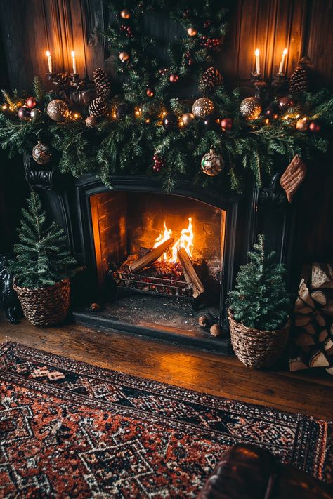 Create a warm and inviting space with this stunning winter home decor. The elegant garland with pinecones and ornaments, along with the glowing fireplace, adds a perfect festive touch. Embrace the season with style! #WinterHomeDecor #CozyVibes #HolidayDecor Yule Home Decor, Cozy Winter Fireplace, Whimsigoth Christmas, Winter Solstice Aesthetic, Cozy Vintage Christmas, Christmas Pub, Fireplace Aesthetic, Fireplace Winter, Cozy Winter Home