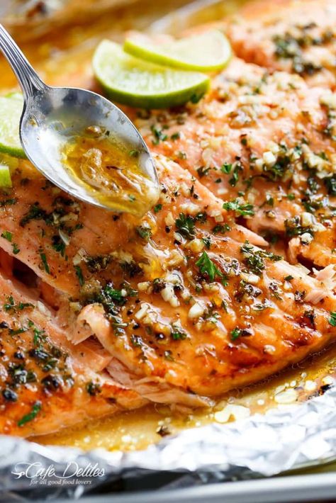 Cafe Delights, Lime Salmon Recipes, Chili Lime Salmon, Salmon Bake, Italian Lunch, Lime Butter, Honey Salmon, Garlic Butter Salmon, Lime Salmon