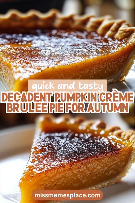 Experience the flavors of autumn like never before with this Decadent Pumpkin Crème Brûlée Pie! This unique twist on traditional pumpkin pie features a rich filling made from fresh pumpkin puree and heavy cream, all topped with a golden, crispy sugar crust. Ideal for Thanksgiving or cozy family dinners, this fall baking masterpiece is not only easy to make but also a guaranteed crowd-pleaser. Impress your guests with this unforgettable dessert! Pumpkin Pie Recipe Heavy Cream, Crème Brûlée Pie, Baking With Pumpkin Puree, Recipes Using Pumpkin Puree, Pumpkin Puree Recipes Desserts, Pumpkin Pie Filling Recipe, Pie Glaze, Brulee Pie, Unique Pie Recipes