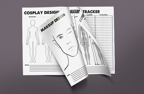 Cosplay Planner, Taking Measurements, Reference Pics, Packing Checklist, Time Tracking, Project Planner, Makeup Designs, Fabric Swatches, Body Measurements