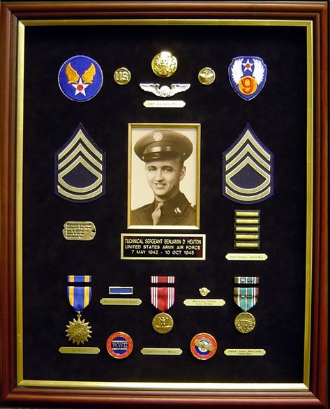 Military Shadow Box Framing on Behance Framing Objects, Air Force Medals, Eagle Scout Gifts, Military Frames, Military Scrapbook, Memory Diy, Army Retirement, Shadow Box Memory, Patches Display