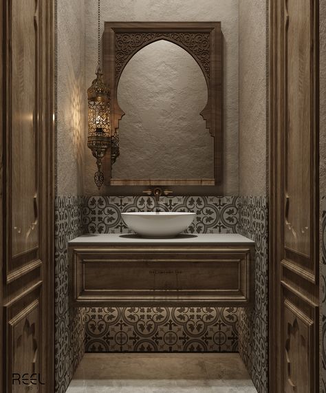 Arabian Kitchen Design, Portuguese Style Bathroom, Morocco Interior Design Modern, Elegant Bathroom Design Modern Tile, Spanish Style Homes Interior Bathroom, Indian Style Bathroom, Interior Design Moroccan Style, Arab Bathroom, Farmhouse Powder Room Small