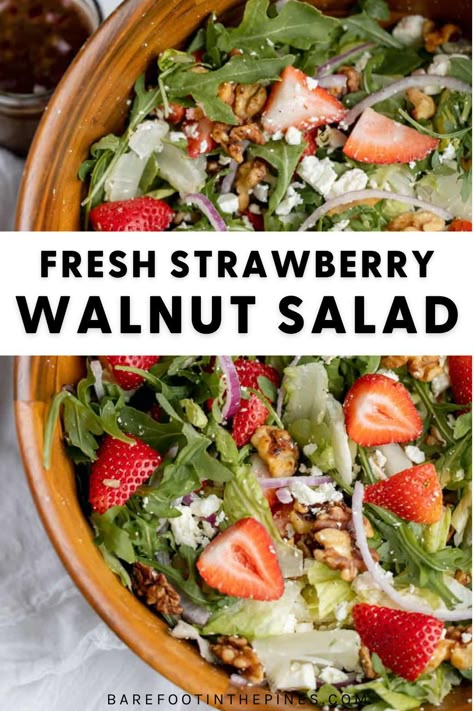 You are going to fall head over heels for this refreshing Strawberry Walnut Salad. Packed with sweet strawberries, fresh greens, crunchy walnuts, and creamy feta crumbles, this salad recipe is the perfect combination of flavors and textures. Whether you’re looking for a fresh side salad, a light lunch, or an easy main course during those warmer months, this scrumptious strawberry walnut salad recipe has got you covered! Strawberry Walnut Salad Recipe, Apple Strawberry Salad, Carmelized Walnuts, Strawberry Salad Recipes, Walnut Feta Salad, Strawberry Walnut Salad, Walnut Salad Recipe, Feta Crumbles, Cranberry Walnut Salad