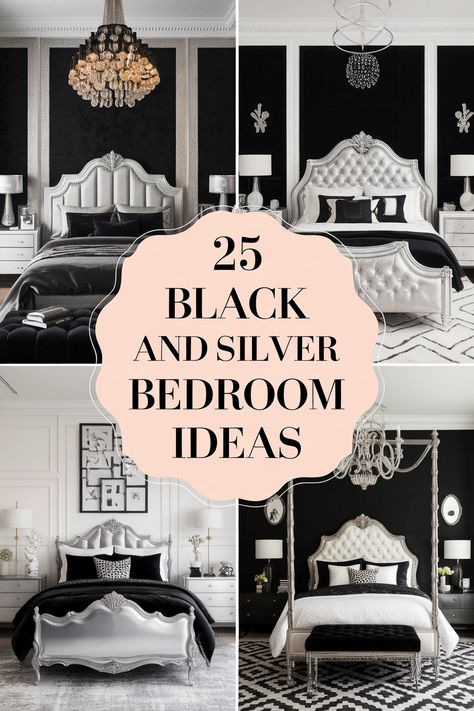 Create a bedroom that exudes luxury with these 25 black and silver bedroom ideas.  This color combination creates a timeless elegance and a sophisticated atmosphere.  Explore inspiring examples for your own bedroom makeover. Black Silver Bedroom Ideas, Black And Silver Bedroom Decor, Black Silver Bedroom, Black And Silver Bedroom Ideas, Silver Bedroom Ideas, Black And Silver Bedroom, Vibes Room, Silver Bedroom Decor, Silver Bedding