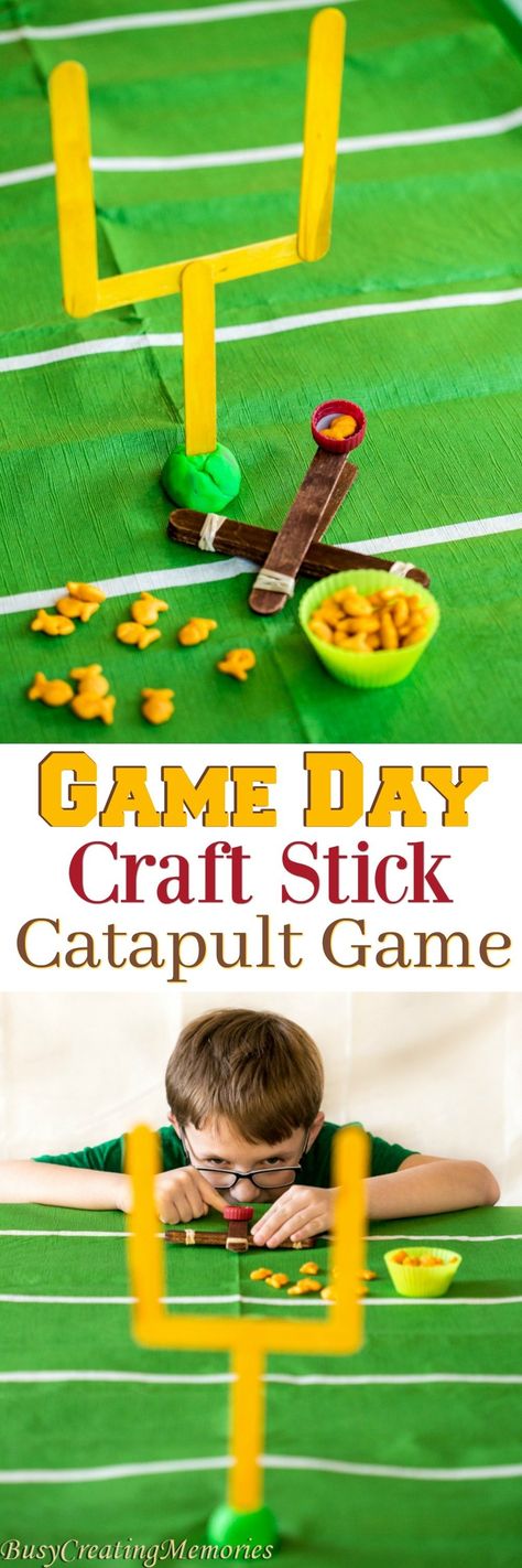 Make your Game Day Fun for the kids with this fun Craft Stick Catapult game. The football craft stick catapult game is quick and easy and great for Game Day via @2creatememories Football Crafts, Crafts For Teens To Make, Sport Craft, Vbs Crafts, Ideas Craft, Crafts For Boys, Kids Party Games, Fun Craft, Camping Crafts