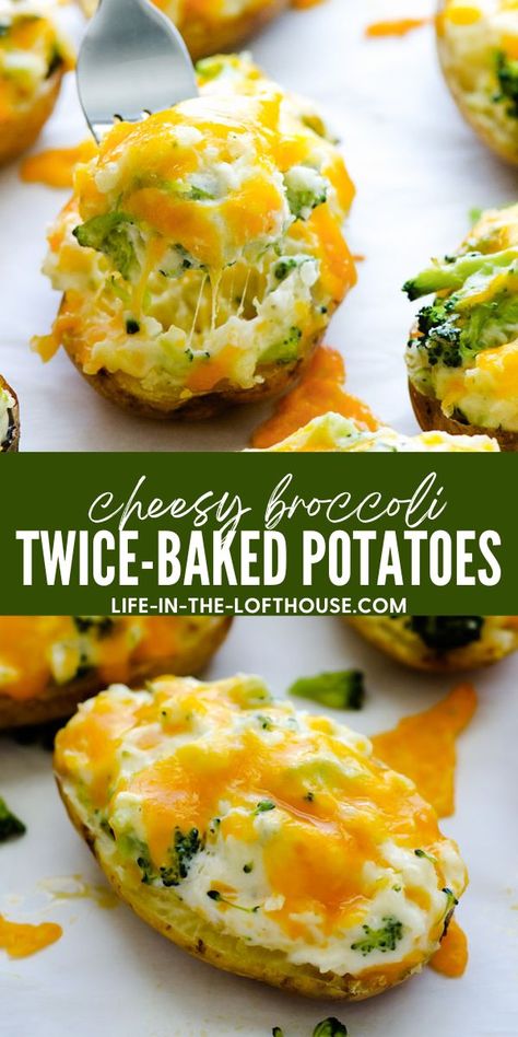 Delicious twice-baked potatoes loaded with broccoli, cheese and more! Baked Potatoes Broccoli Cheese, Twice Baked Broccoli Cheese Potatoes, Broccoli Cheese Stuffed Potatoes, Baked Potato And Broccoli, Broccoli Stuffed Potatoes, Twice Baked Potatoes With Broccoli, Baked Potatoes With Broccoli And Cheese, Broccoli And Cheese Baked Potato, Healthy Twice Baked Potatoes